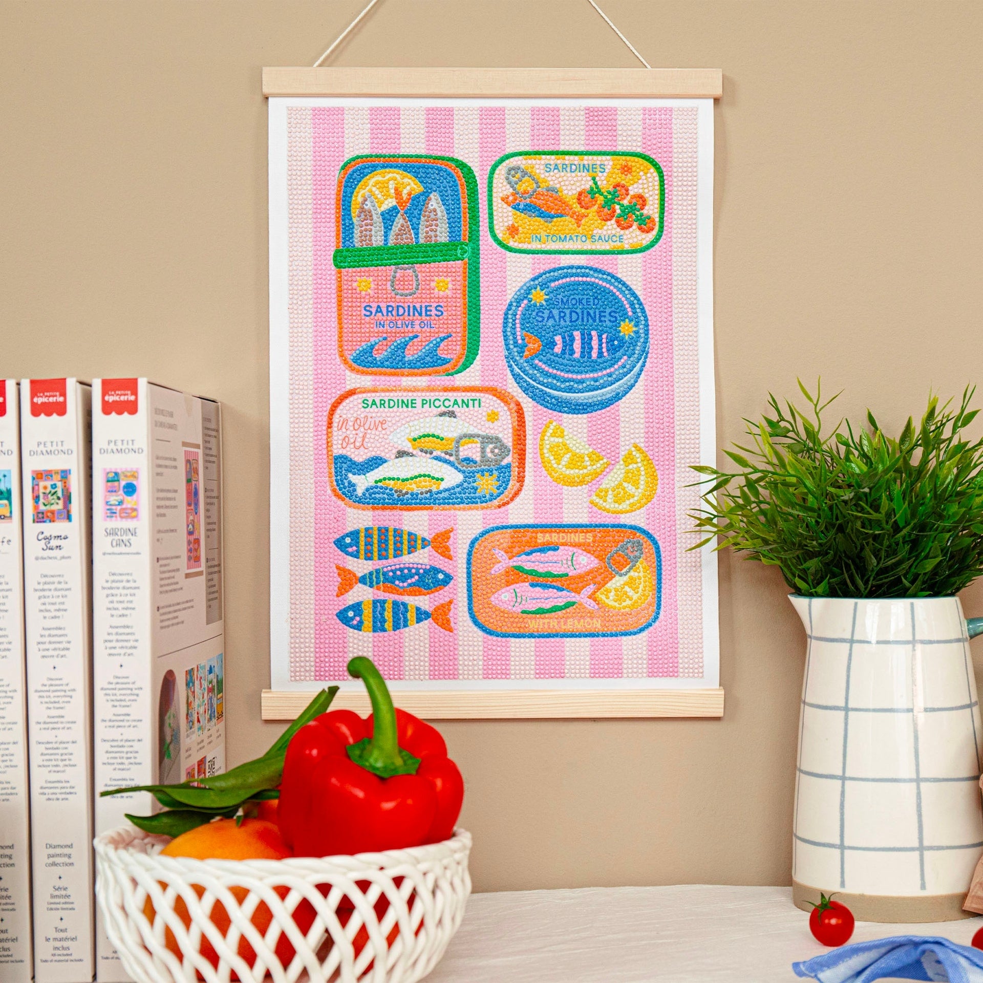 Toile diamond painting 30x40 Sardine Cans design pop rétro boîtes de sardines