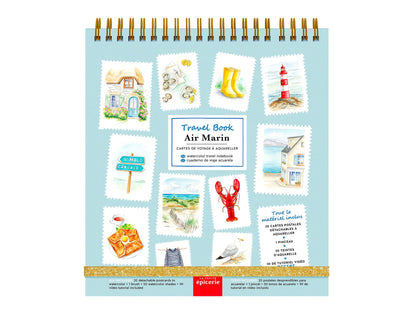 Travel Book Air Marin avec 20 cartes postales aquarelle, palette 50 pigments et pinceau intégré