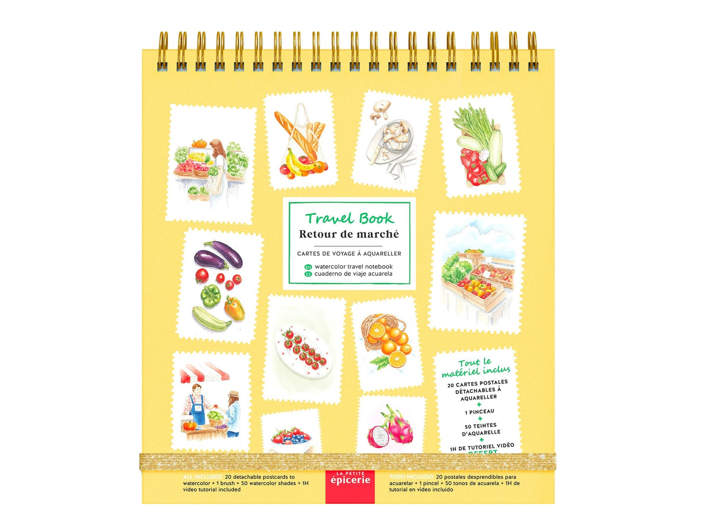 Travel Book Retour de Marché – Carnet aquarelle nomade avec 20 cartes postales à peindre la petite epicerie