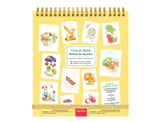 Travel Book Retour de Marché – Carnet aquarelle nomade avec 20 cartes postales à peindre la petite epicerie
