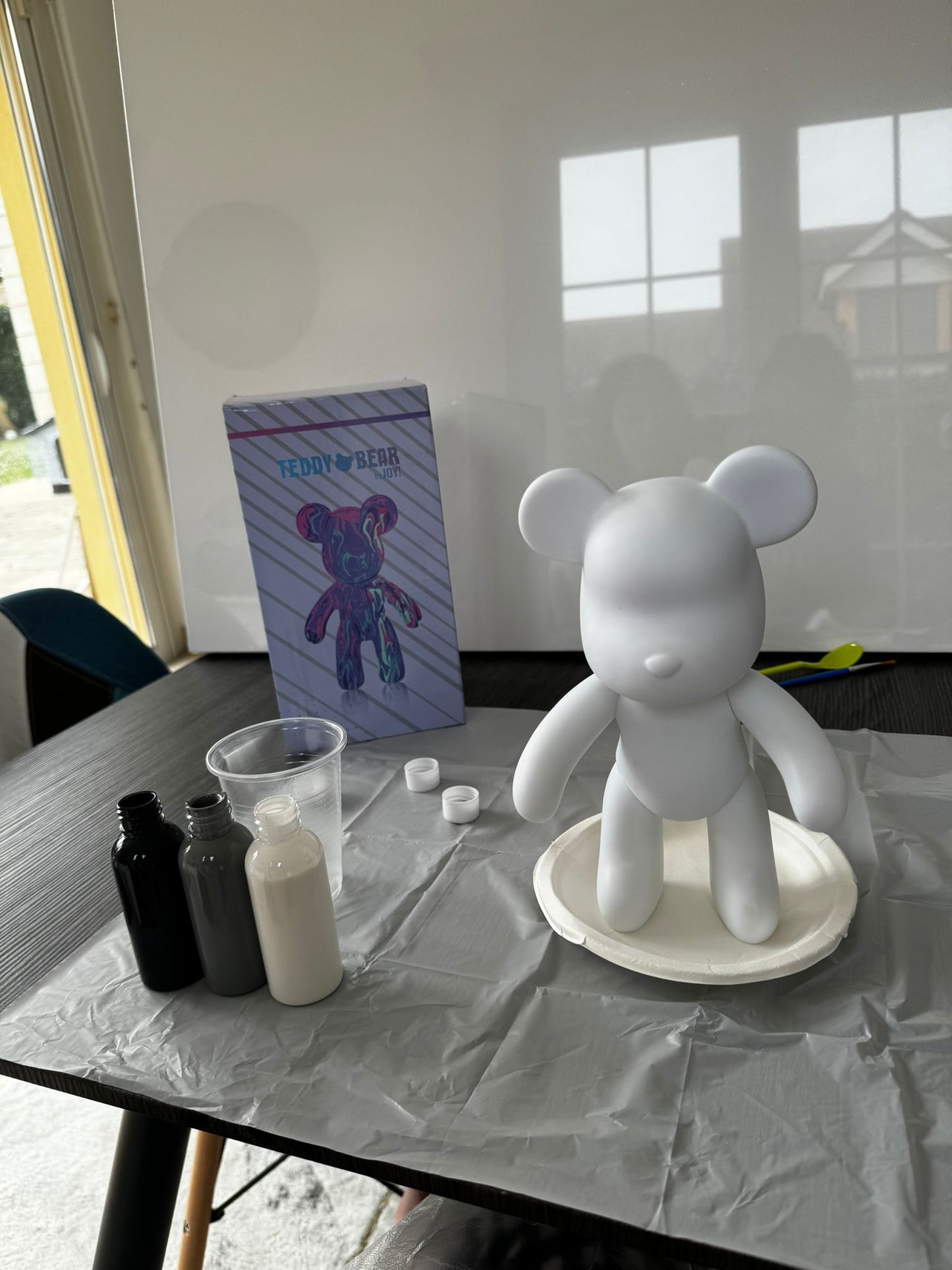 Kit de peinture pouring fluide art - Ours Teddy Bear Bleu / Blanc /Or JOY!