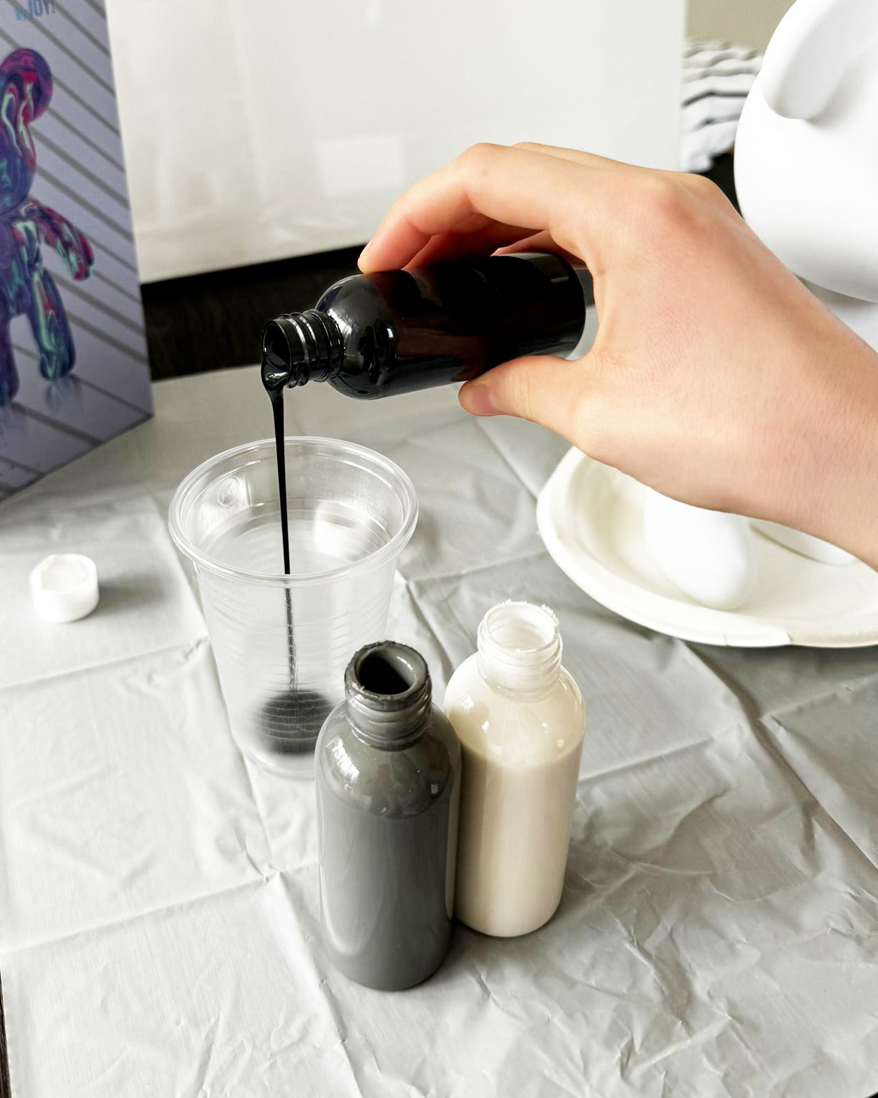 Kit de peinture pouring fluide art - Ours Teddy Bear Noir /Blanc /Gris JOY!