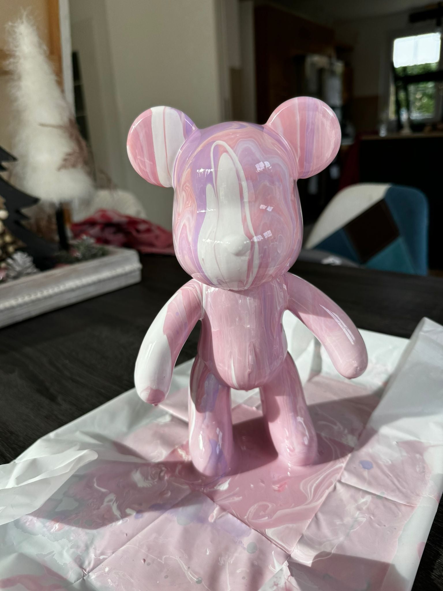 Kit de peinture pouring fluide art - Ours Teddy Bear Rose /Mauve/Blanc JOY!