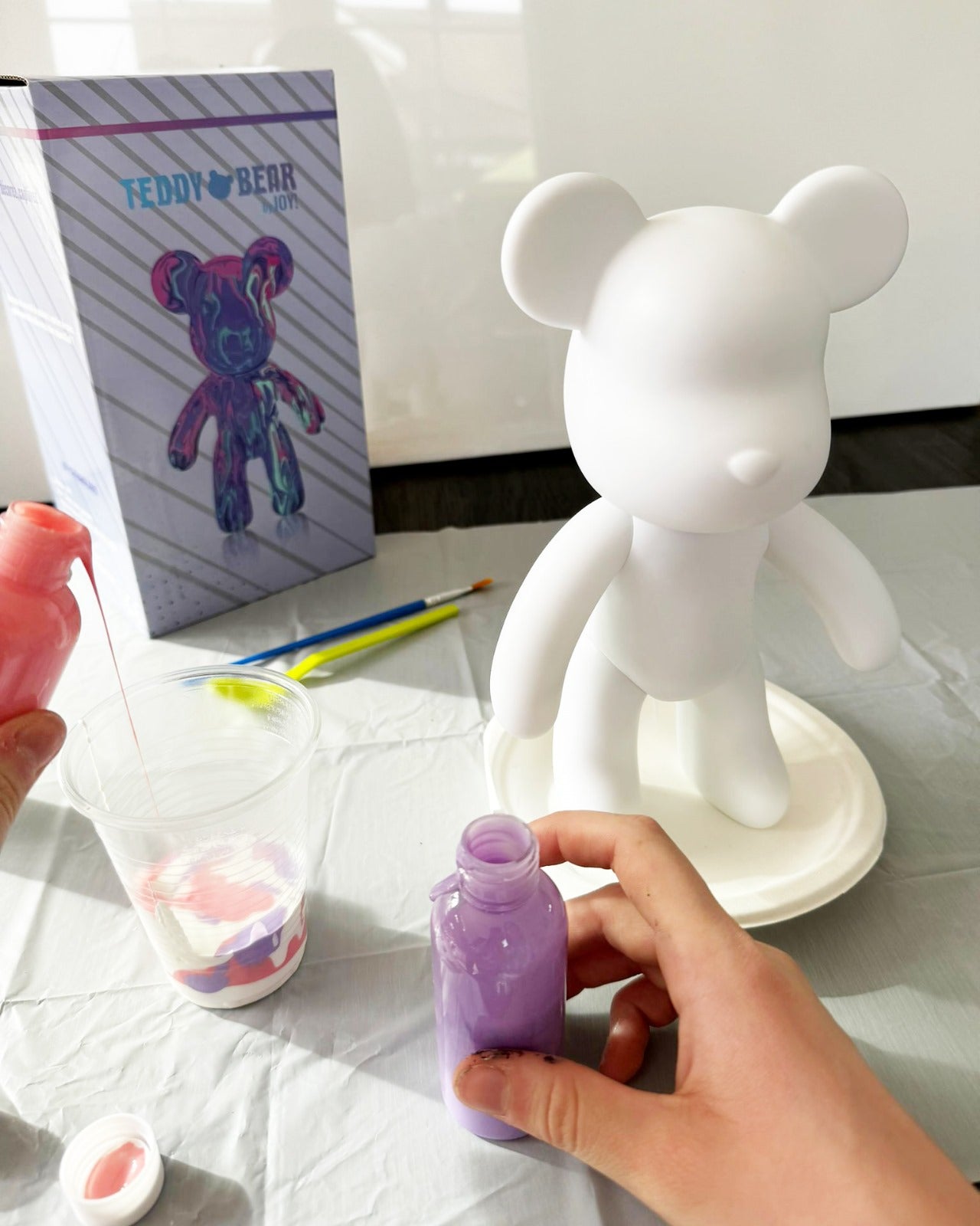 Kit de peinture pouring fluide art - Ours Teddy Bear Rose /Mauve/Blanc JOY!