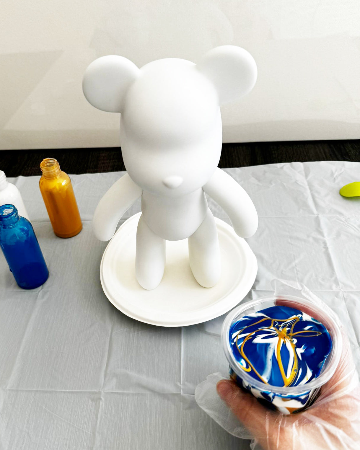 Kit de peinture pouring fluide art - Ours Teddy Bear Bleu / Blanc /Or JOY!