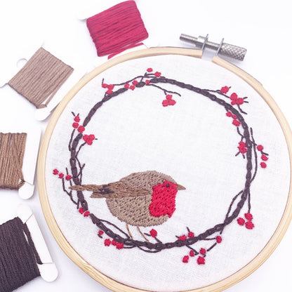 Mini Kit de Broderie – Robin Wreath (Rouge-gorge) avec Cerceau Inclus