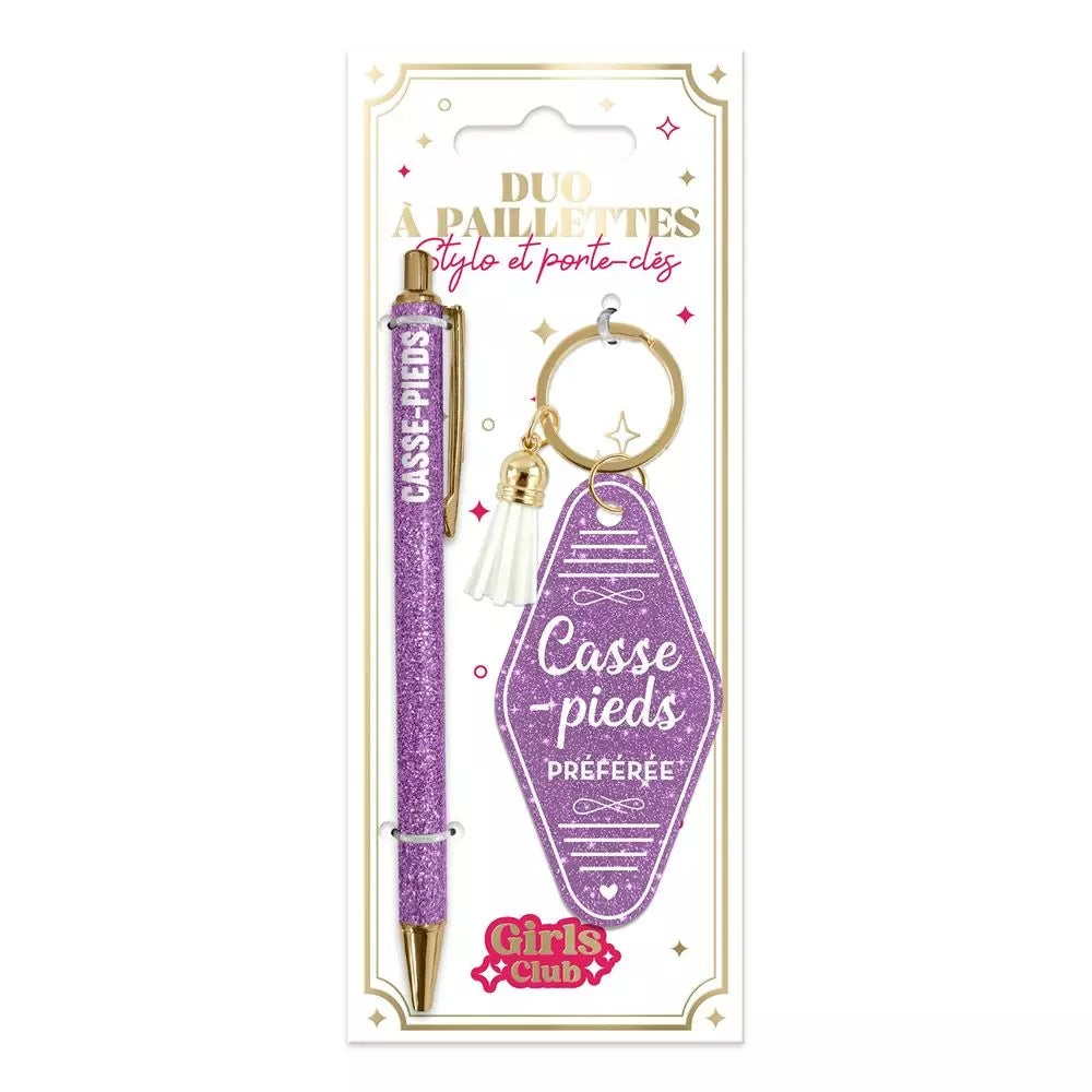Duo Paillettes Casse-Pieds – Porte-Clés & Stylo Violet Cadeau Humour JOY!