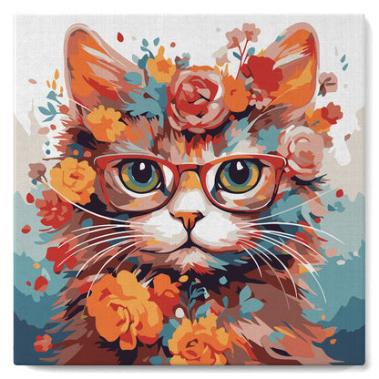 Mini Peinture par Numéros 20x20cm avec cadre Chaton fantaisie et fleurs Figured'art