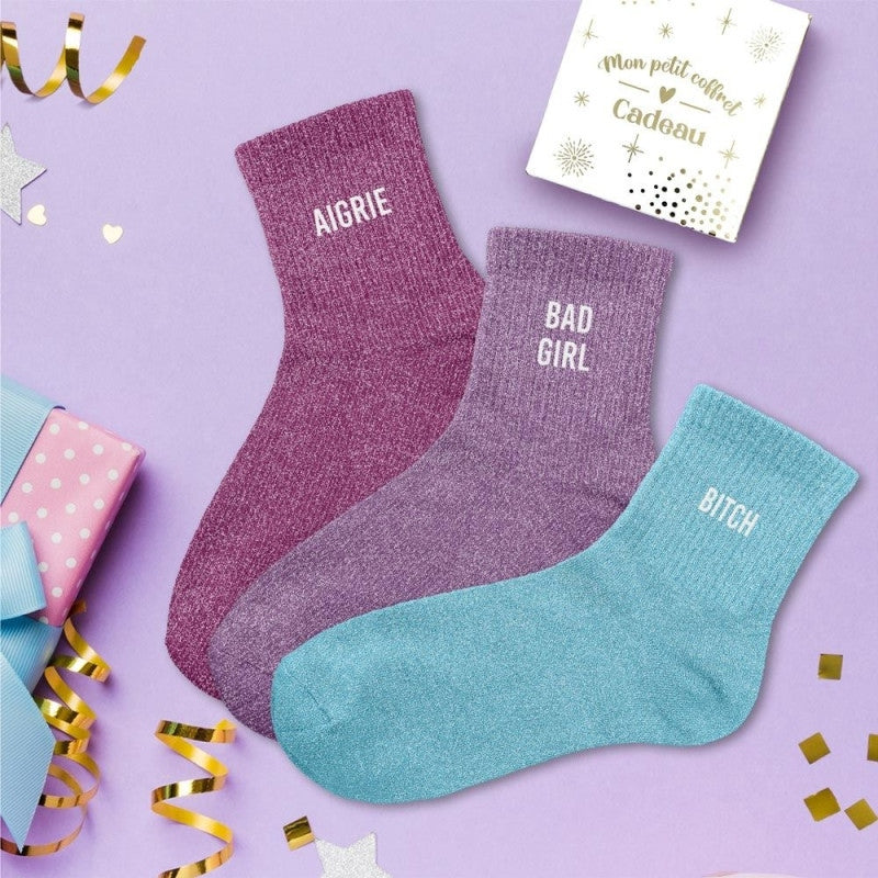 Coffret Trio Chaussettes Paillettes – Aigrie / Bad Girl / Bitch (Taille 36-42) JOY!