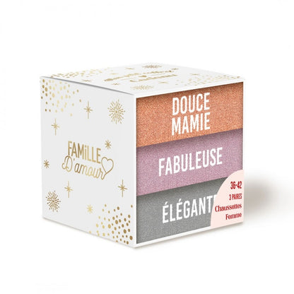 Coffret Trio Chaussettes Paillettes – Douce Mamie / Fabuleuse / Élégante (Taille 36-42) JOY!