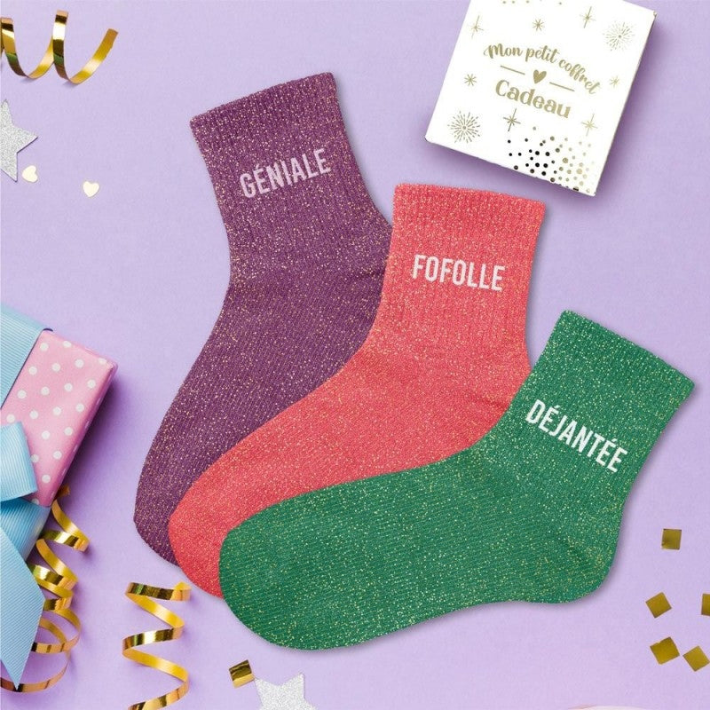 Coffret Trio Chaussettes Paillettes – Géniale / Fofolle / Déjantée (Taille 36-42) JOY!