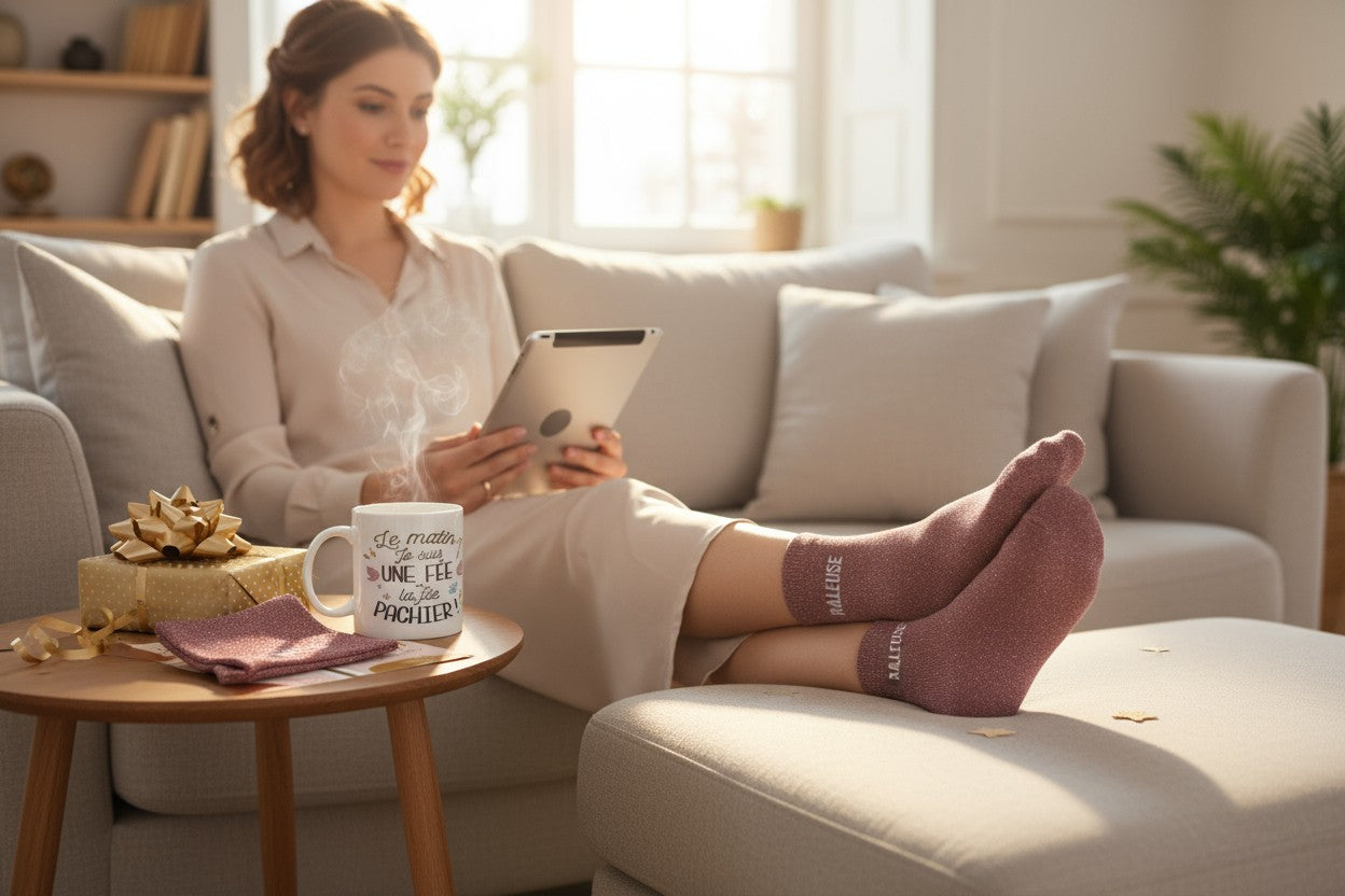 Coffret cadeau femme humour avec mug pailleté et chaussettes Râleuse
