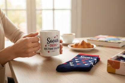 Coffret Sœur Chérie en mise en scène cocooning avec mug et chaussettes