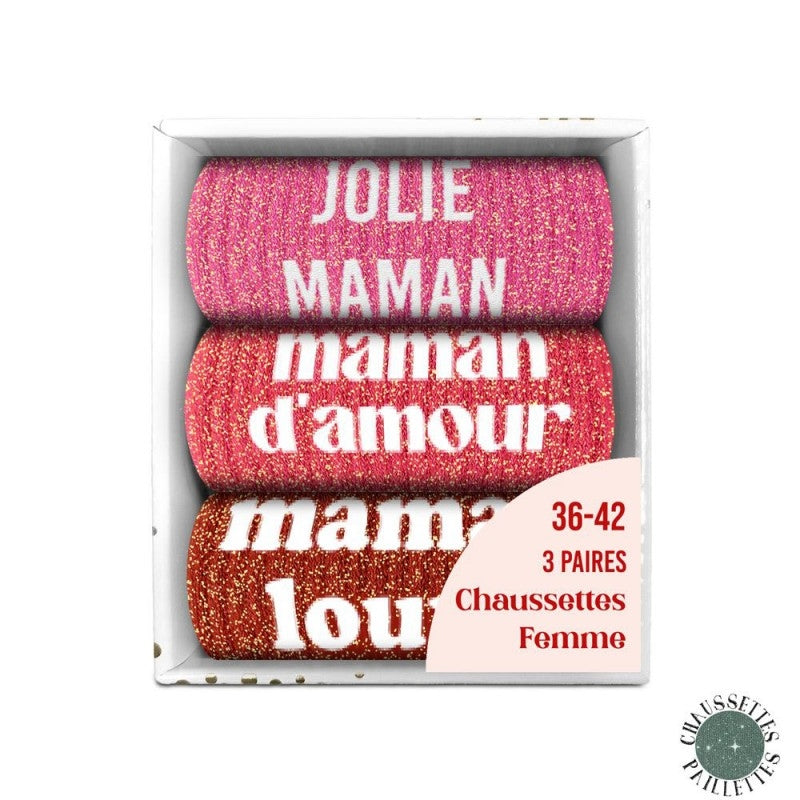 Coffret Trio Chaussettes Paillettes Fantaisie – Jolie Maman, Maman d’Amour & Maman Louve JOY!