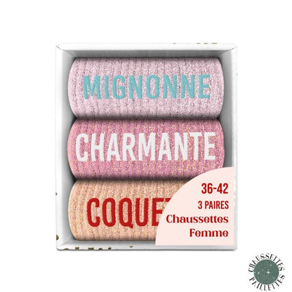 Coffret Trio Chaussettes Paillettes Fantaisie – Mignonne, Charmante & Coquette JOY!