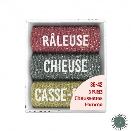 Coffret Trio Chaussettes Paillettes Fantaisie – Râleuse, Chieuse & Casse-Pied JOY!