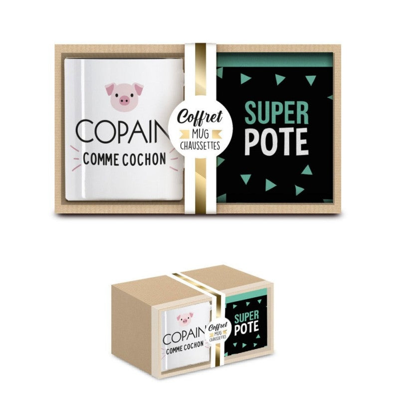 Coffret Cadeau Mug et Chaussettes – Copain Comme Cochon | Idée Cadeau Super Pote JOY!