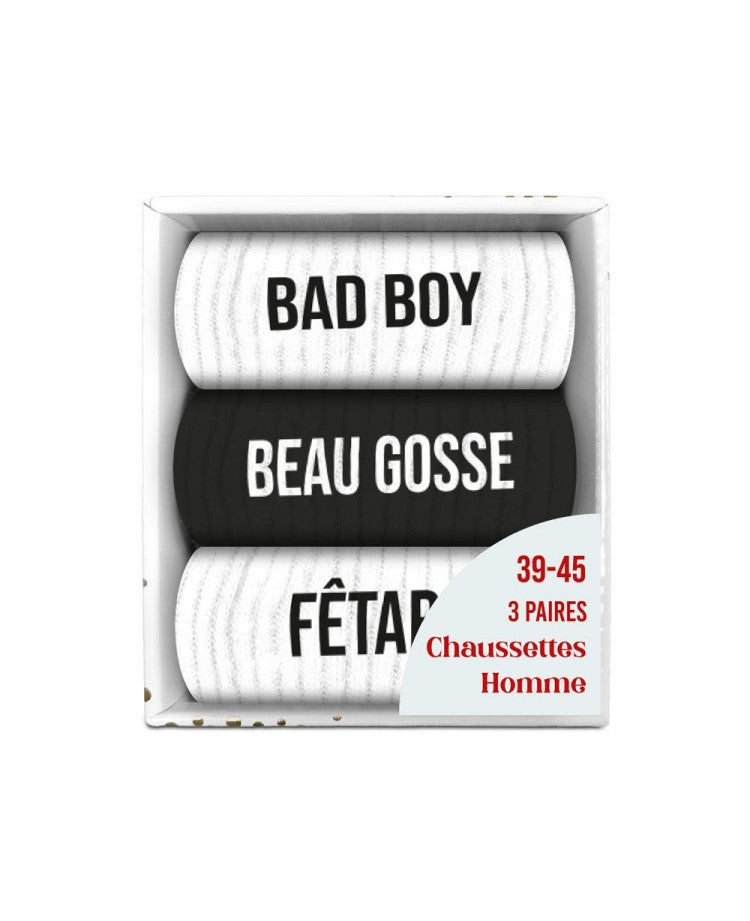 Coffret trio chaussettes homme fantaisie noires et blanches Bad Boy Beau Gosse Fêtard