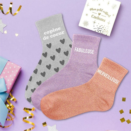 Coffret Trio Chaussettes Paillettes – Copine de Cœur / Fabuleuse / Merveilleuse (Taille 36-42) JOY!