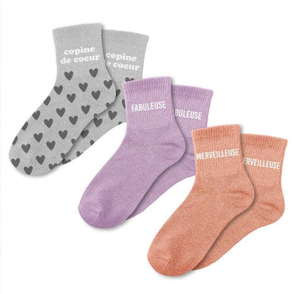 Coffret Trio Chaussettes Paillettes – Copine de Cœur / Fabuleuse / Merveilleuse (Taille 36-42) JOY!