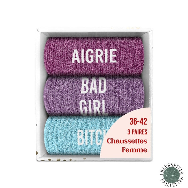 Coffret Trio Chaussettes Paillettes – Aigrie / Bad Girl / Bitch (Taille 36-42) JOY!