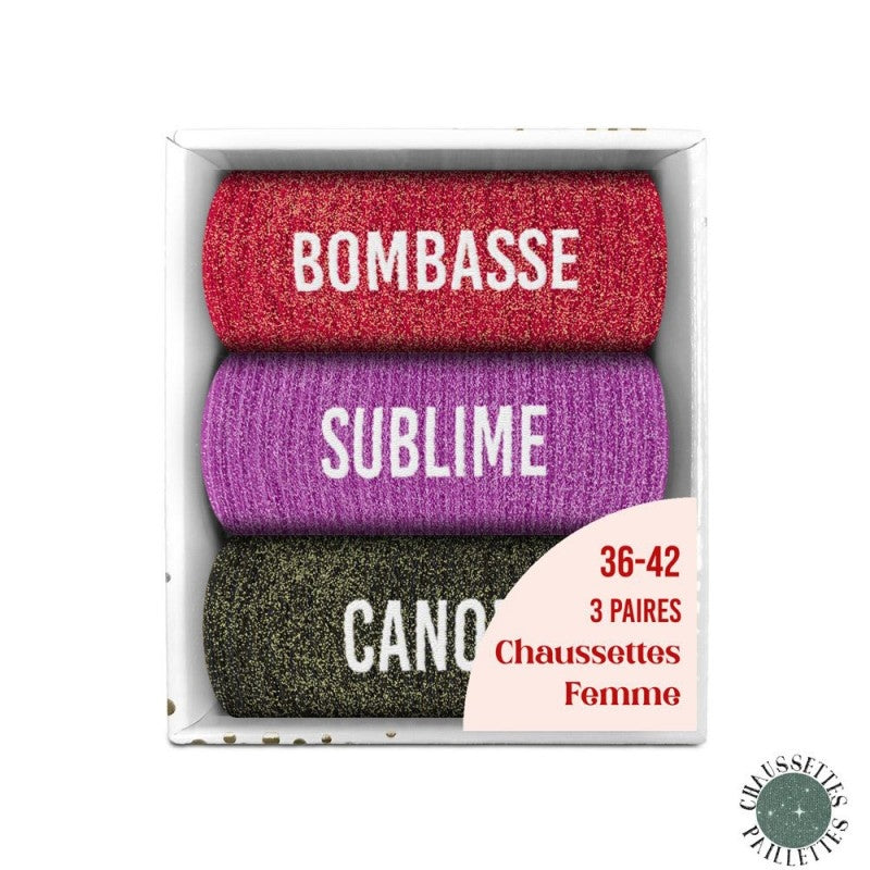 Coffret Trio Chaussettes Paillettes – Bombasse / Sublime / Canon (Taille 36-42) JOY!