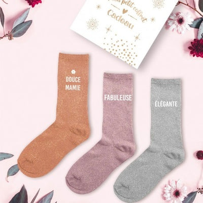 Coffret Trio Chaussettes Paillettes – Douce Mamie / Fabuleuse / Élégante (Taille 36-42) JOY!
