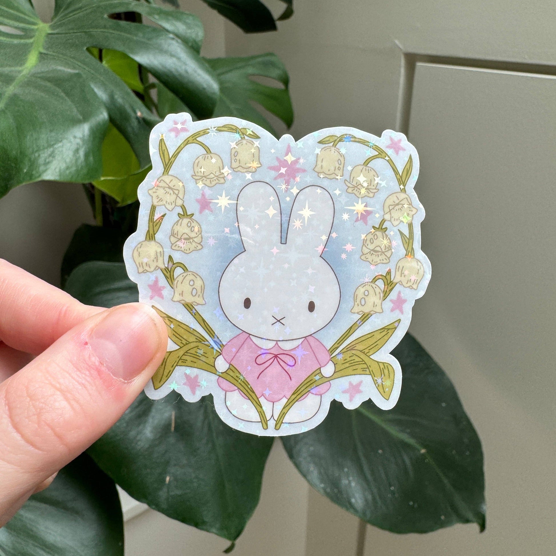 Sticker Bunny Fleur Holographique – Autocollant Kawaii Lapin Floral Liviaa.studio