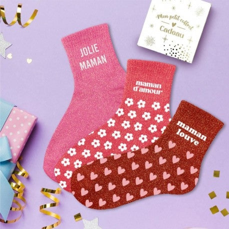 Coffret Trio Chaussettes Paillettes Fantaisie – Jolie Maman, Maman d’Amour & Maman Louve JOY!