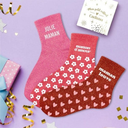 Coffret Trio Chaussettes Paillettes Fantaisie – Jolie Maman, Maman d’Amour & Maman Louve JOY!