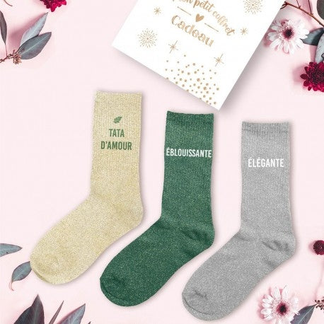 Coffret Trio Chaussettes Paillettes Fantaisie – Tata d’Amour, Éblouissante & Élégante JOY!