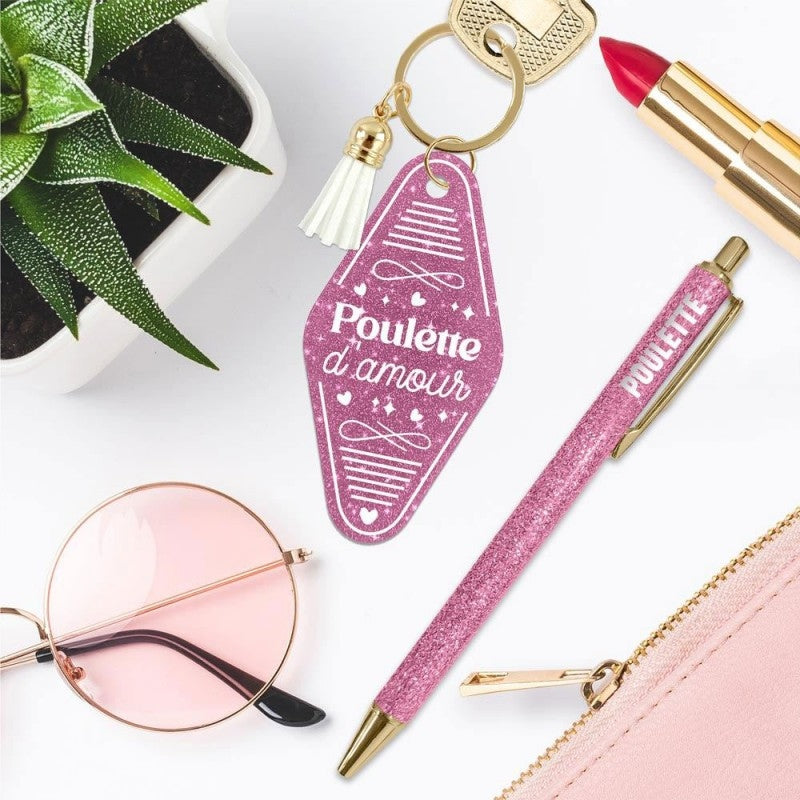 Coffret Duo Paillettes “Poulette” – Stylo & Porte-Clés Humoristique Femme | Girls Club JOY!