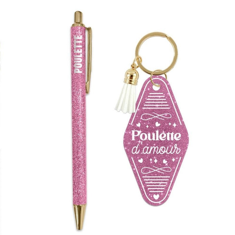 Coffret Duo Paillettes “Poulette” – Stylo & Porte-Clés Humoristique Femme | Girls Club JOY!