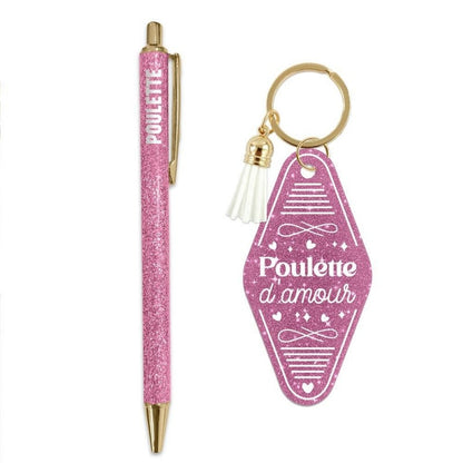Coffret Duo Paillettes “Poulette” – Stylo & Porte-Clés Humoristique Femme | Girls Club JOY!