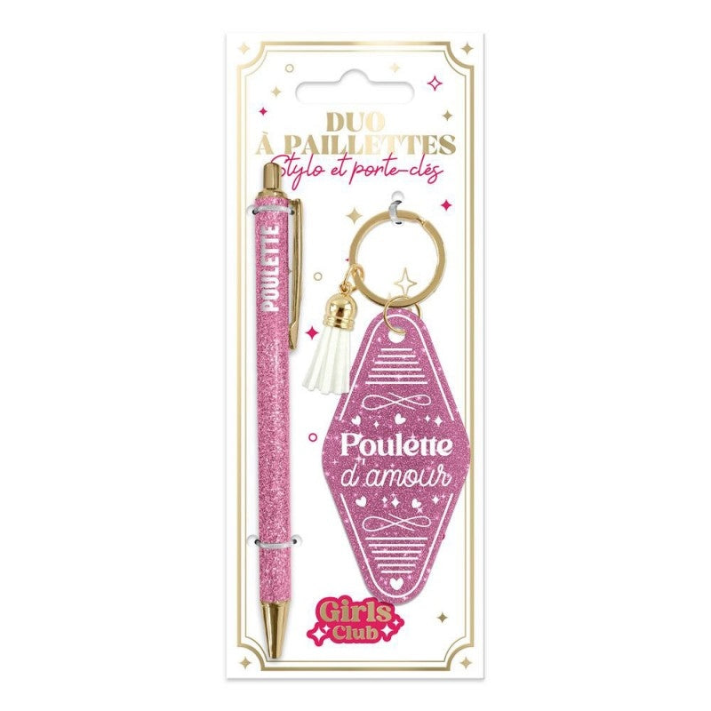 Coffret Duo Paillettes “Poulette” – Stylo & Porte-Clés Humoristique Femme | Girls Club JOY!