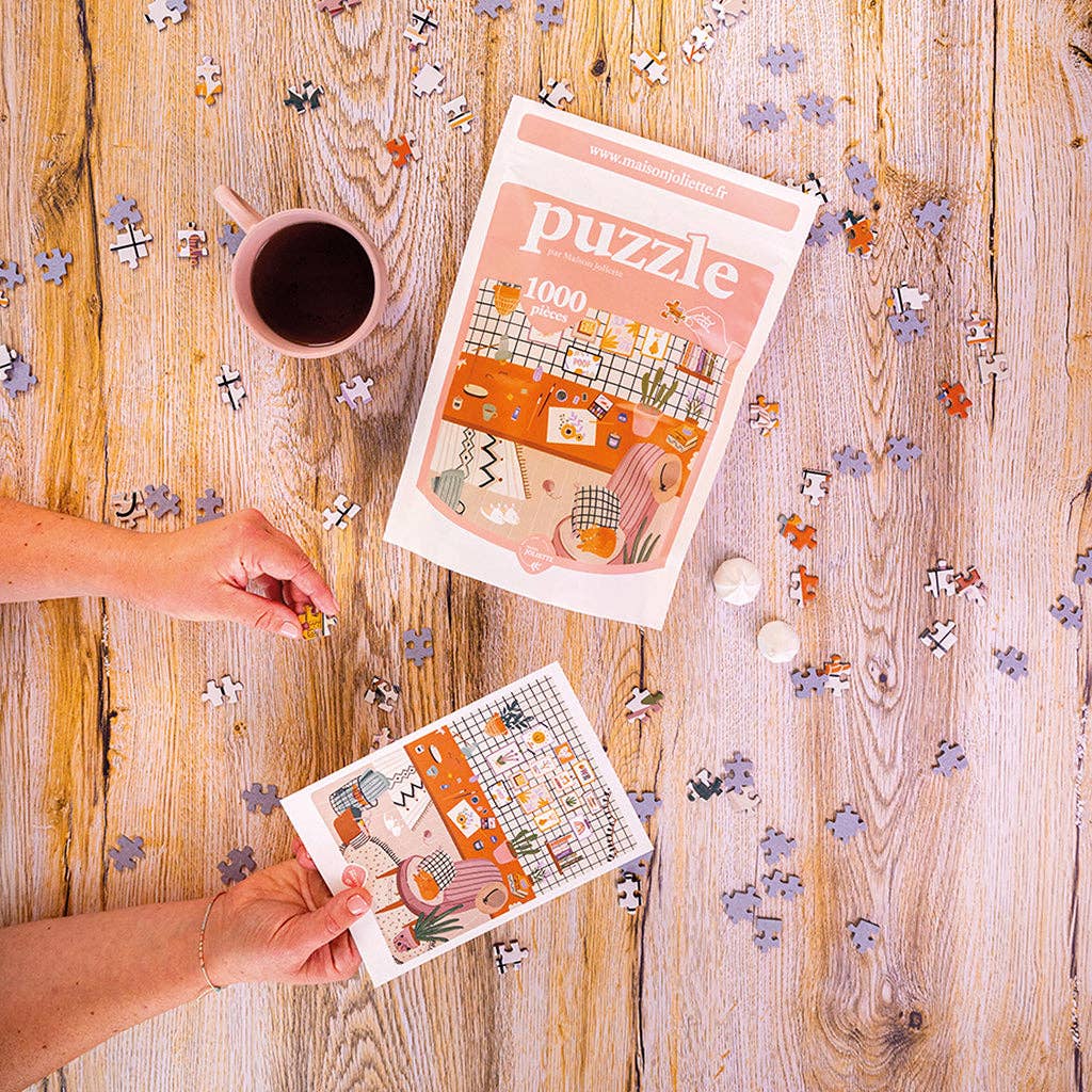 Puzzle 1000 pièces L’Atelier terminé. Dimensions 49 x 68 cm, format portrait