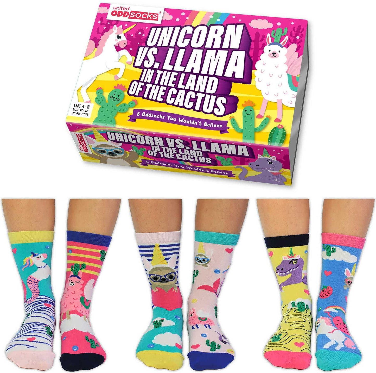 UNITED ODDSOCKS - LICORNE CONTRE LAMA AU PAYS DU CACTUS - COFFRET ADULTE DE 6 ODD SOCKS EUR 37-42 United Oddsocks