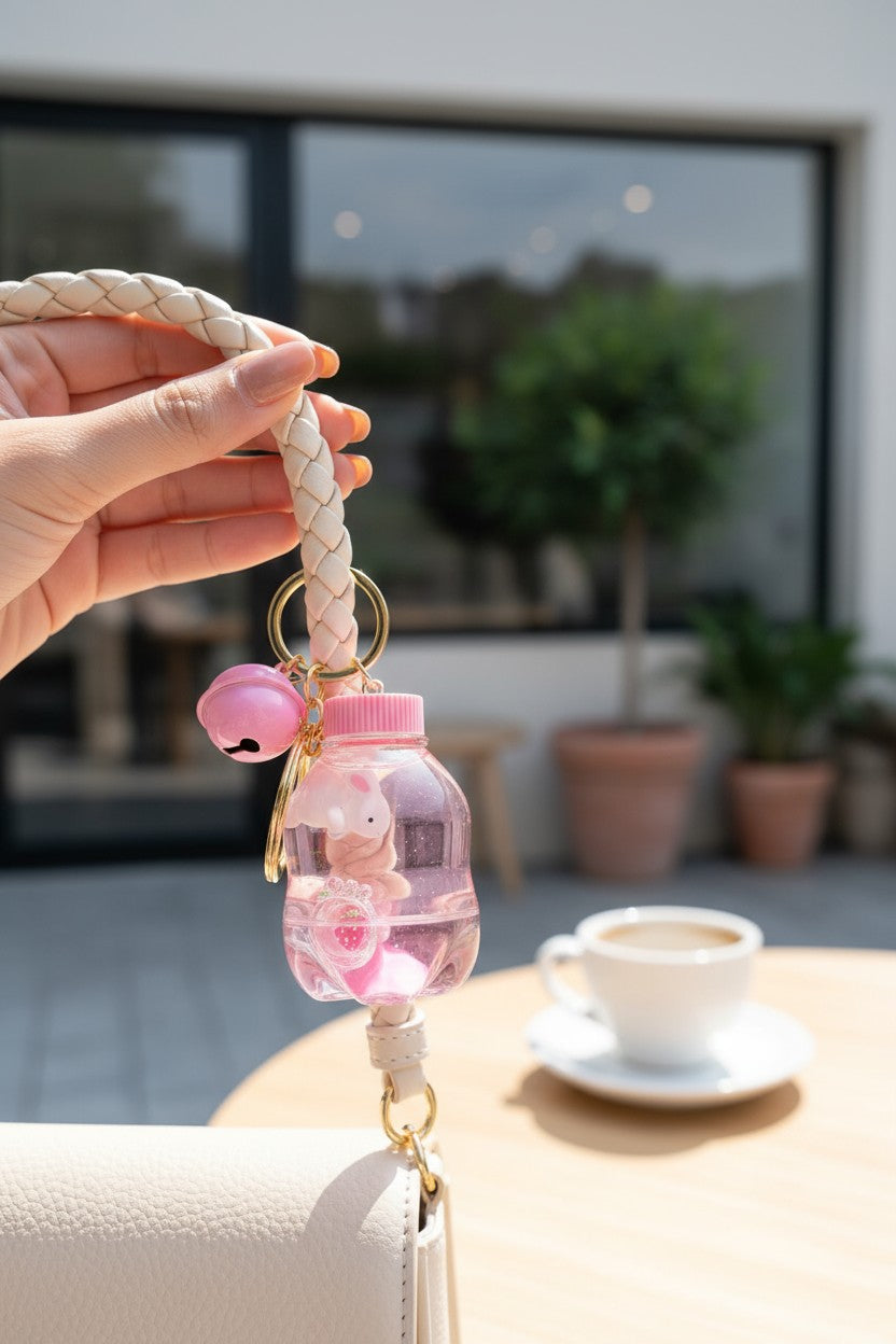 Porte-clés flacon kawaii avec lapin japonais pastel flottant dans liquide rose scintillant.