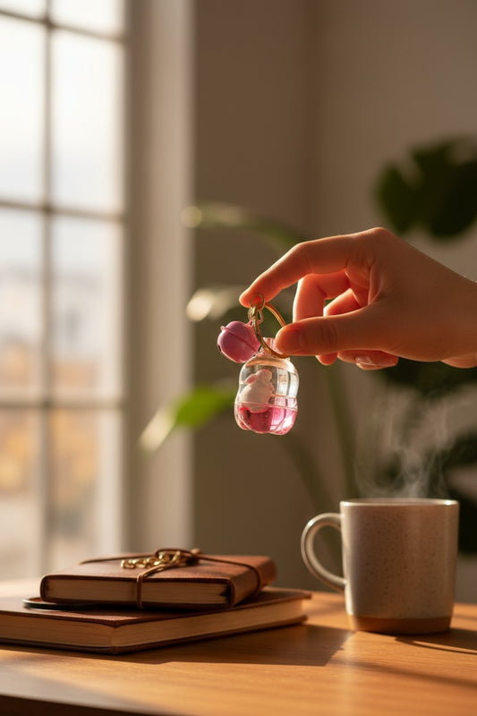 Flacon transparent contenant un lapin kawaii flottant dans liquide rose à paillettes.