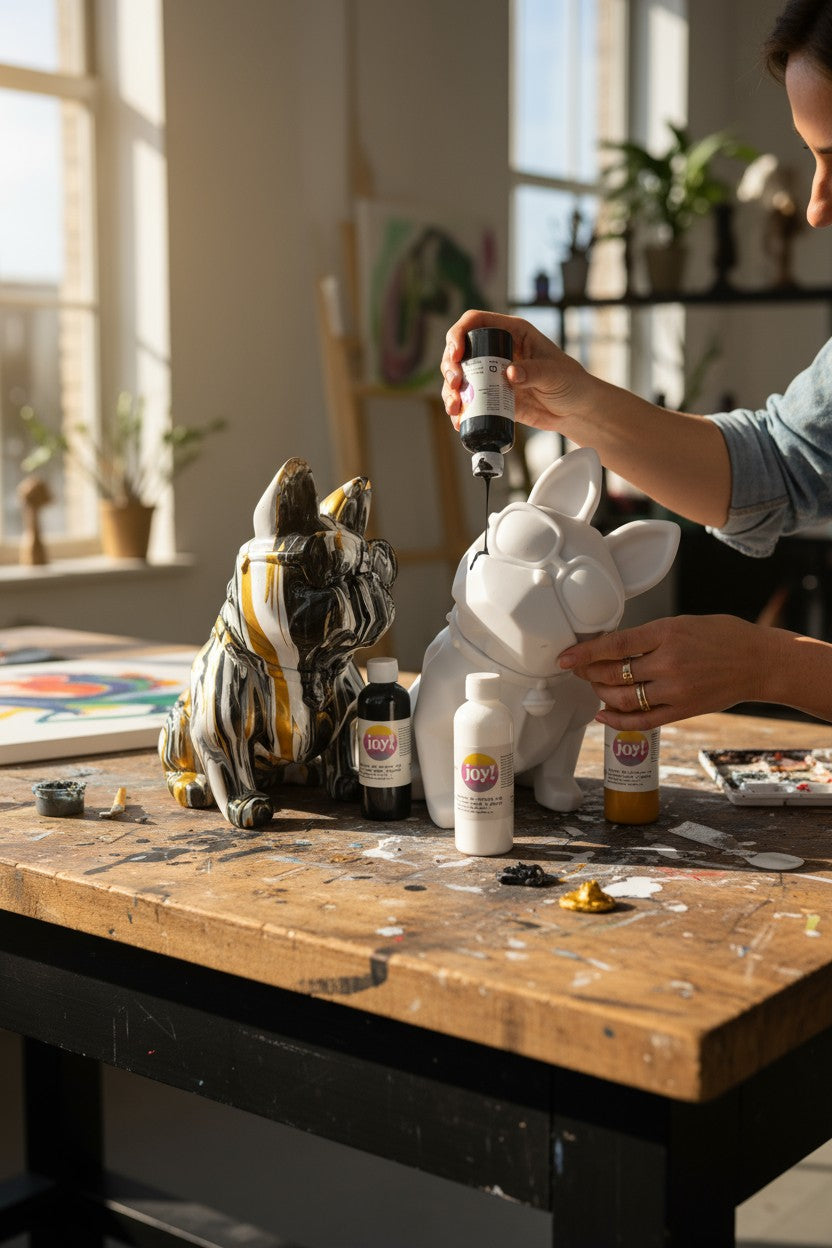 Figurine bouledogue en plastique recouverte de peinture fluide noire, blanche et dorée. Technique pouring art.