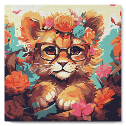 Mini Peinture par Numéros 20x20cm avec cadre Lionceau fantaisie et fleurs Figured'art
