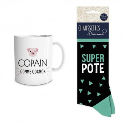 Coffret Cadeau Mug et Chaussettes – Copain Comme Cochon | Idée Cadeau Super Pote JOY!
