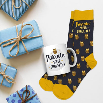 Coffret Cadeau Mug et Chaussettes – Parrain Super Chouette | Idée Cadeau Parrain JOY!