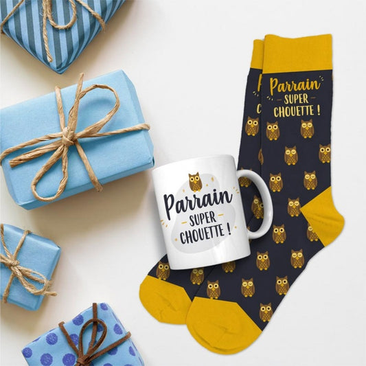 Coffret Cadeau Mug et Chaussettes – Parrain Super Chouette | Idée Cadeau Parrain JOY!