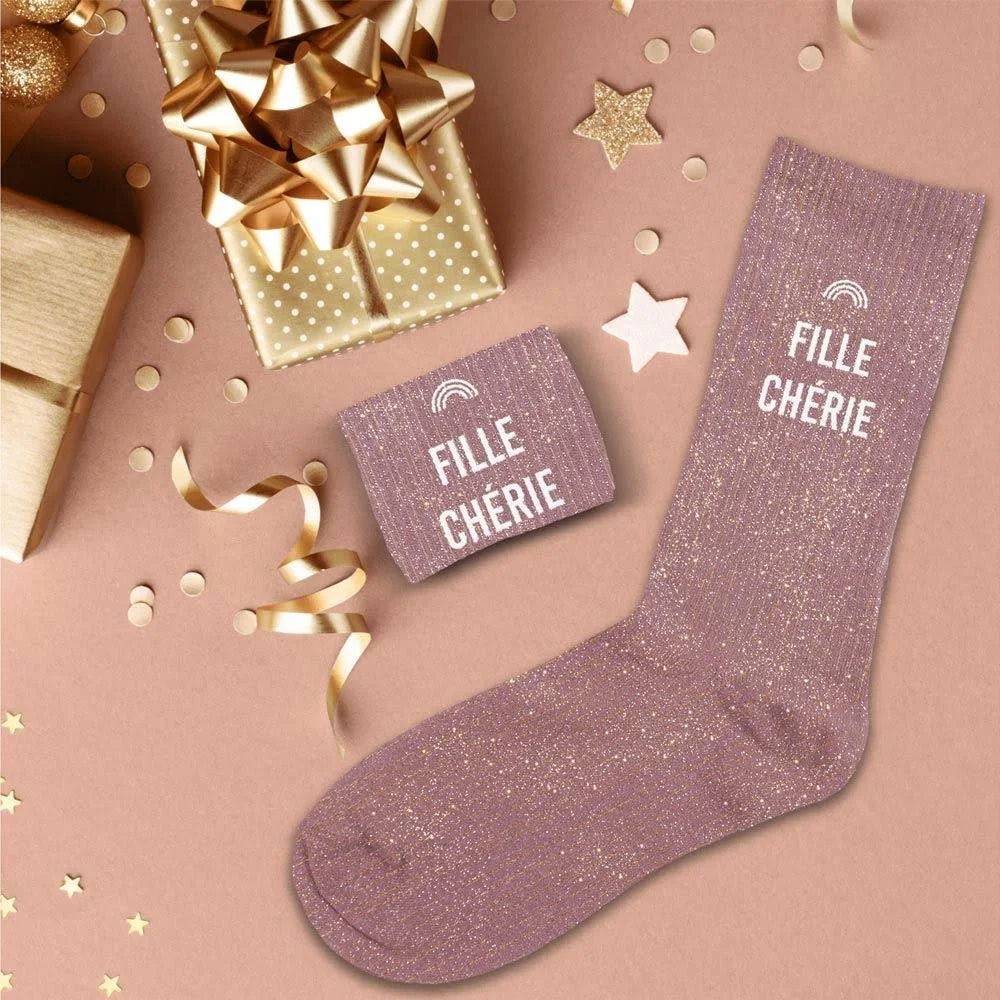 Chaussettes à Paillettes “Fille Chérie” Roses – Message Tendre (36-42) JOY!