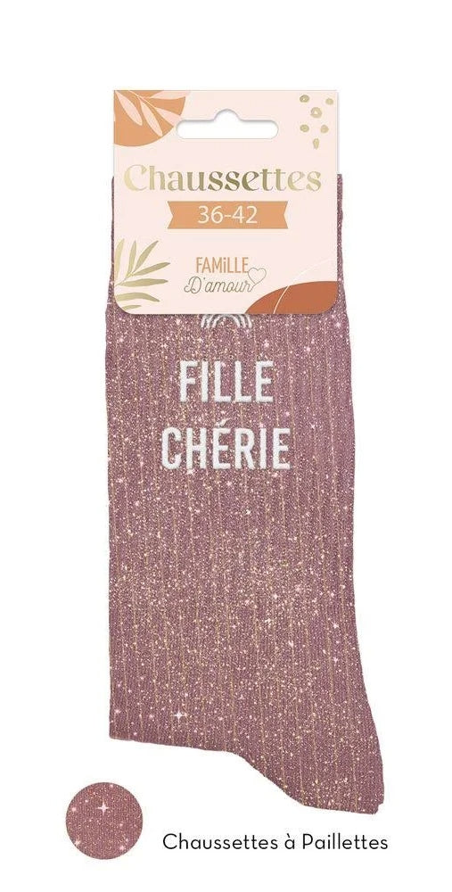 Chaussettes à Paillettes “Fille Chérie” Roses – Message Tendre (36-42) JOY!
