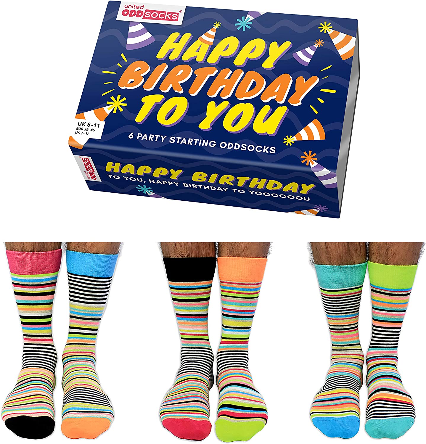 Coffret Chaussettes Happy Birthday To You – United Oddsocks | 6 Chaussettes Dépareillées Homme | Taille 39-42 United Oddsocks